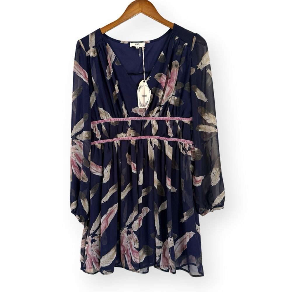 Entro Chiffon Babydoll Mini Dress M Navy Blue Feather Print V-Neck Fairy Boho